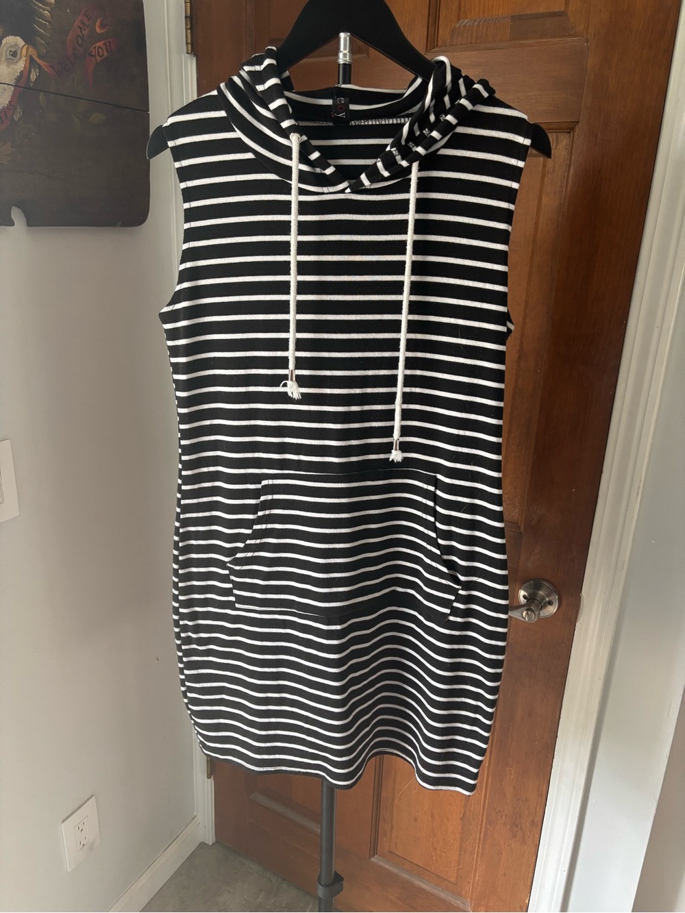 Women’s Medium Black and White Striped Beach Coverup/ Hooded Dress